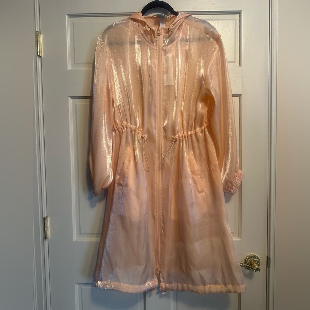 Sheer Shimmer Peach Trench Coat Belted Organza Duster Jacket NWT - Picture 2 of 4